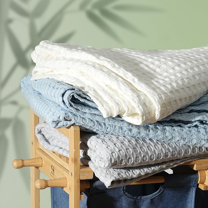 Aganear Waffle Blanket - Lightweight Breathable Summer Blanket of 50% Cotton and 50% Rayon Derived from Bamboo for Hot Sleepers Luxury Throws for Bed, Couch and Sofa,White,66x90 Inches