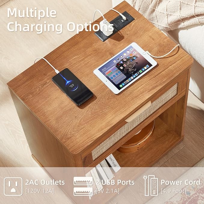 LEYAOYAO Rattan Dresser and Nightstand Set of 3, Boho Wood Dresser for Bedroom with 6 Drawers and Night Stand with Charging Station, Bedroom Furniture, Dressers & Chests of Drawers,Hallway,Living Room