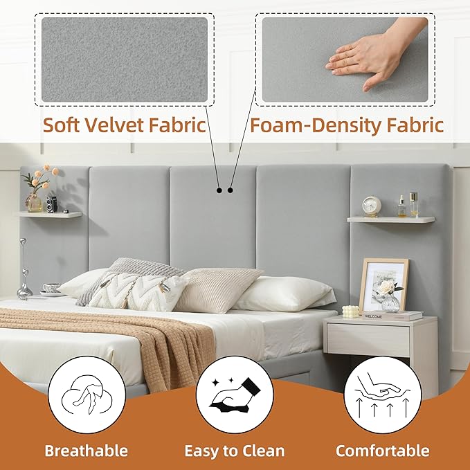 Queen Bed Frame with Storage & Built-in Nightstands, Velvet Upholstered Platform Bed Frame with Drawers & 2 Floating Storage Shelves, Noise-Free, No Box Spring Needed, Easy Assembly, Gray