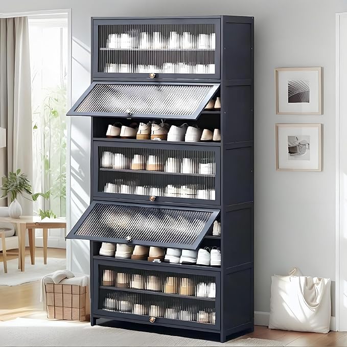 Tall Shoe Cabinet with Clear Doors, Large Capacity Bamboo Shoe Cabinet, 40-45 Pairs Shoe Rack Organizer for Closet Entrance, Hallway, Living Room, Bedroom
