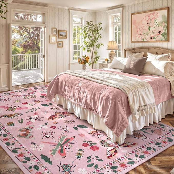 Lahome Insect 9x12 Area Rugs for Living Room Bedroom, Soft Washable Rugs 9x12 Stain Resistant, Ultra-Thin Non-Slip Non-Shedding Accent Carpet for Dining Room Office, Pink