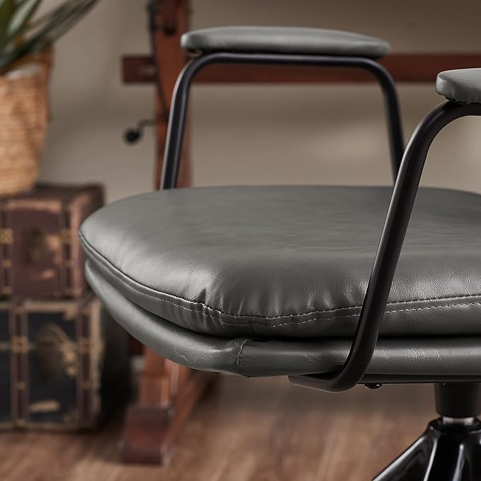 Art Leon Desk Chair No Wheels, Set of 2, Mid Century Modern Swivel Chair with Oak Wood Legs, Faux Leather Home Office Desk Chairs for Bedroom Living Room, Gray