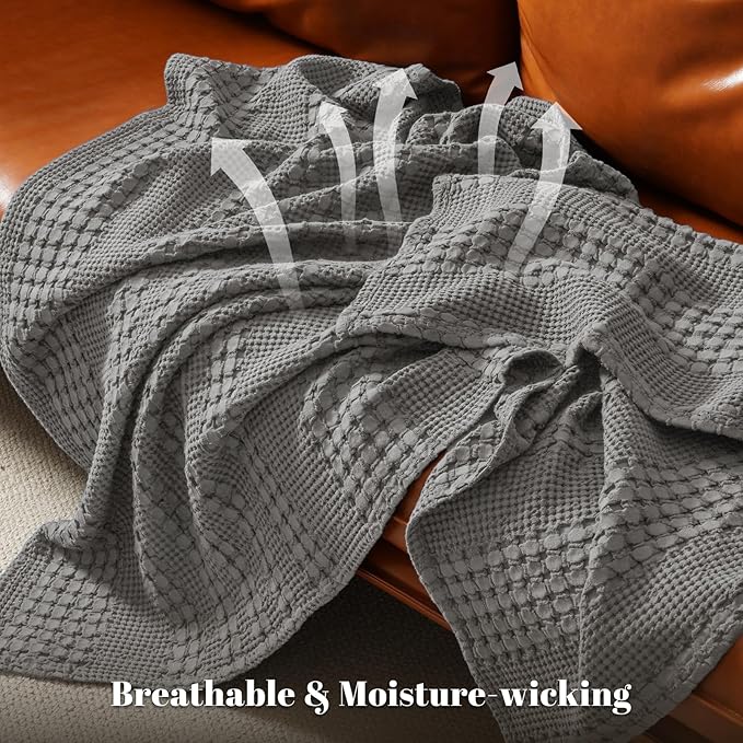 PHF 100% Cotton Waffle Weave Blanket King Size for Bed, Soft Lightweight & Breathable, All-Season Comfort, Luxury Aesthetic Woven Bedding for Home Decor, 108"x90", Dark Grey