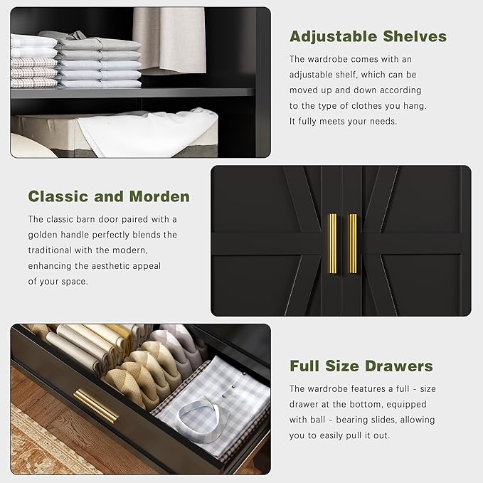 COFaR Metal Wardrobe Cabinet, 71 Farmhouse Armoire Wardrobe Closet with Rods, 2 Barn Doors, Adjustable Shelves, Steel with 2 Drawer Bedroom armoires, Black