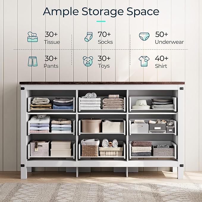 LINSY HOME Dresser for Bedroom with 9 Drawers, 59” Wide Chest with Deep Drawer, Modern Farmhouse Dresser TV Stand with Metal Handles, Wood Storage Cabinet for Closet, Living Room, Hallway, Off White