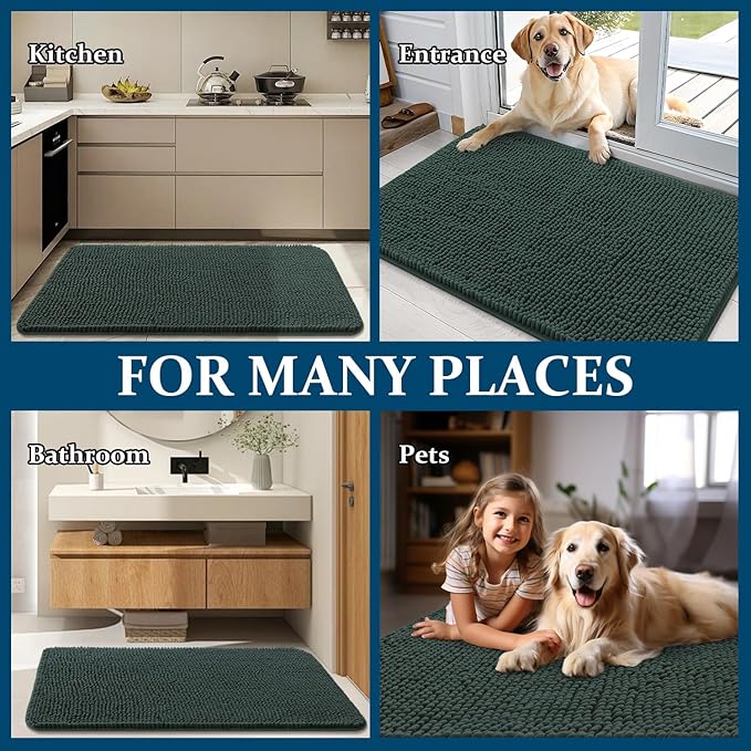 OLANLY Dog Door Mat for Muddy Paws 59x20, Absorbs Moisture and Dirt, Absorbent Non-Slip Washable Doormat, Quick Dry Chenille Mud Mat, Entry Indoor Entryway Carpet for Inside Floor, Blackish Green