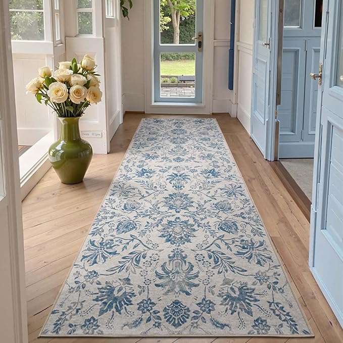 jinchan Torino Runner Rugs 3x8, Vintage-Inspired Floral Design Machine Washable Non-Slip Ultra-Thin Low-Pile Rubber Backing Traditional Rug for Kitchen Hallway Laundry Room Entryway Dark Blue