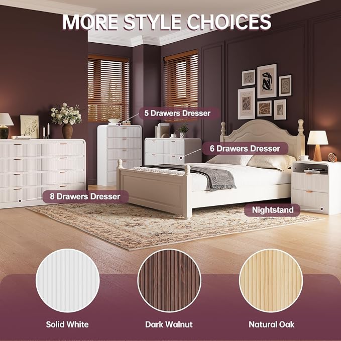 FURSUN Fluted 8 Drawers Dresser for Bedroom, 55" Wide Wooden Dresser with Metal Handle, Curved Profile Design, Modern Storage Organizer for Bedroom, Living Room, Hallway, White