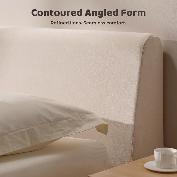 RECCI Cloud Queen Bed Frame with Ergonomic Angled Foam Cushioned Headboard, Minimalist Design Platform Bed Frame, No Box Spring Needed, Easy Assembly (Beige)
