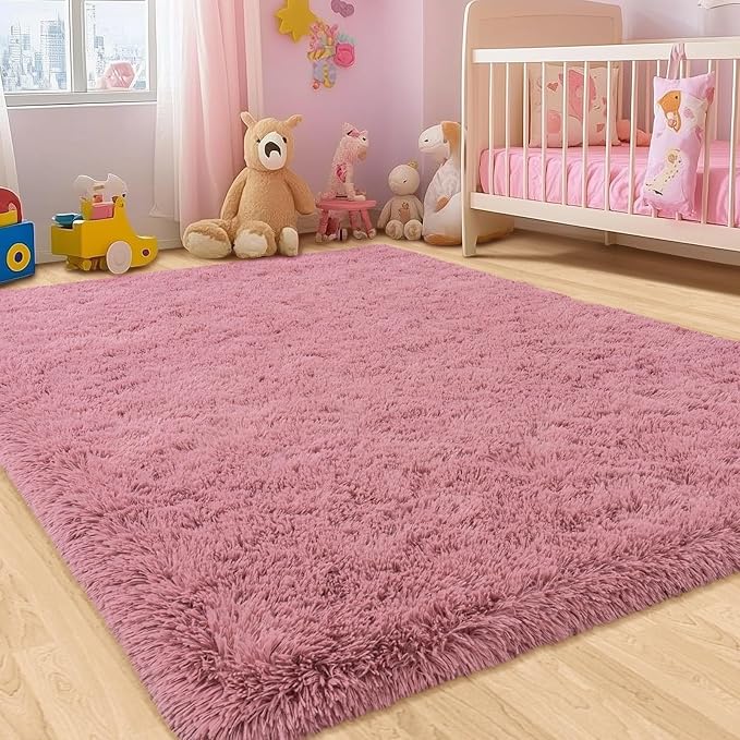 Fluffy Blush Pink Area Rug for Bedroom, 5x7 Soft Fuzzy Shag Rug for Living Room, Thick Comfy Throw Plush Rug for Girls Kids Room, Non-Slip Modern Indoor Shaggy Floor Carpet for Nursery Dorm Home Decor