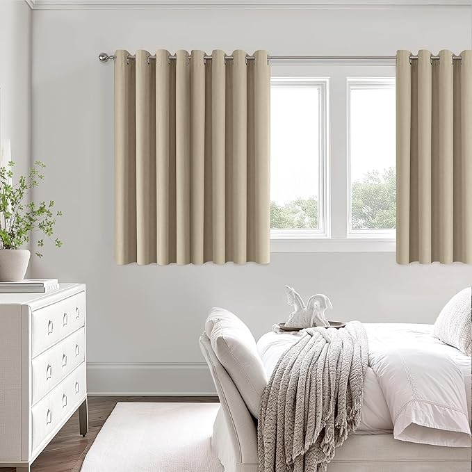 ChrisDowa 100% Blackout Tan Solid Curtains 45 Inches Long 2 Panels for Bedroom Living Room,Farmhouse Room Darkening Thermal Insulated Soundproof Grommet Top Window Treatment Drapes,52x45
