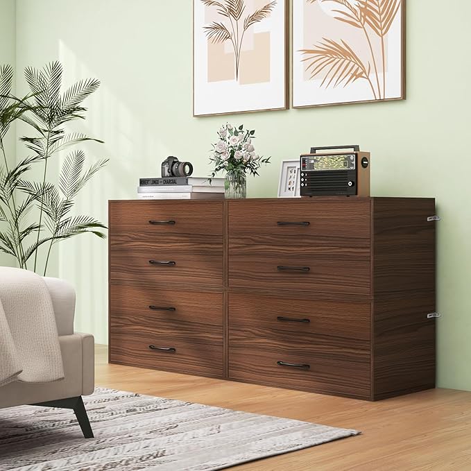Giantex Stackable 2-Drawer Dressers for Bedroom - Short Dresser Two Drawer Storage Cabinet w/Handles & Anti-Topping Device, Small Dresser Chest of 2 Drawers for Closet Bedroom (2, Walnut)