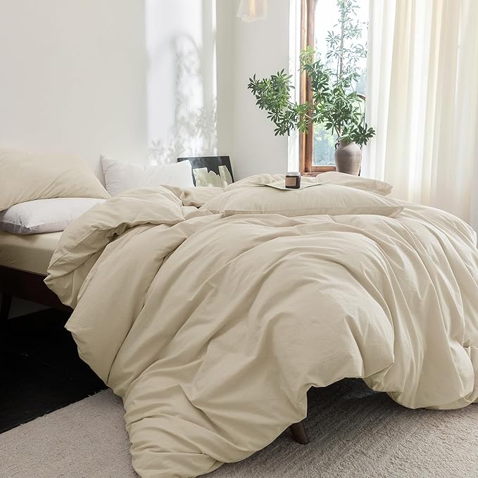 FOSSA Duvet Cover Set 100% Washed Cotton Linen Feel Super Soft Breathable Cozy 3 Pieces Bedding Sets Solid Almond Grey Super King