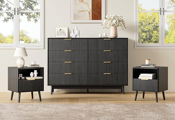LYNSOM Fluted Dresser and Nightstand Sets 3 Piece, 8-Drawers Dresser and 1-Drawer Nightstands Set of 2, Wood Bedroom Furniture Set for Home, Bedroom, Hallway, Black