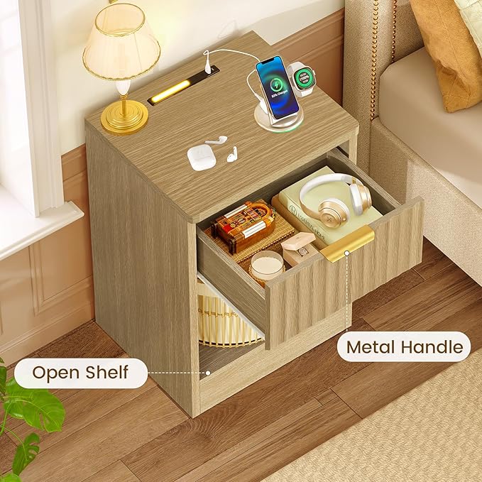 TEENFON Fluted Nightstands Set of 2, Bed Side Table with Charging Station and LED Light, Night Stand with Storage Drawer and Open Shelf, End Table for Small Space, Bedroom, Natural