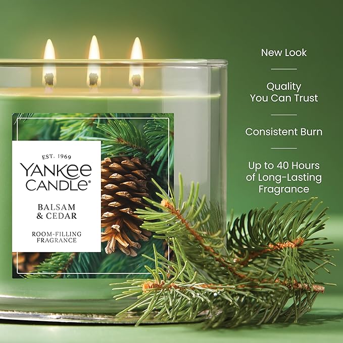 Yankee Candle Balsam and Cedar, Fall Scented Candle, 14.5oz 3-Wick Candle Jar with up to 40 Hours Burn Time, Giftable, Holiday