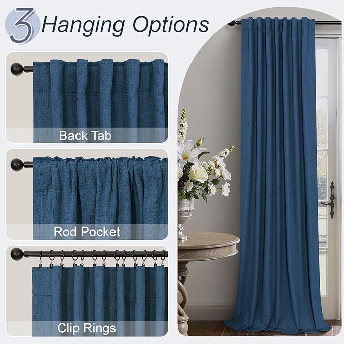 Navy Blue Black Out Curtains 63 Inch Long 2 Panel Burg Linen Textured Thermal Insulated Total Blackout Window Shades Soundproof Dark Out Curtain for Living Room Kids Children Boy Bedroom 63 Length
