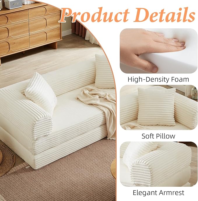 78 Inch Convertible Futon Sofa Bed,Folding Boneless Couch with Sleeper Sofa,Fold Out Floor Sofa Couch with Deep Seat,Cloud Corduroy Foldable Mattress Couches for Living Room(Off White)