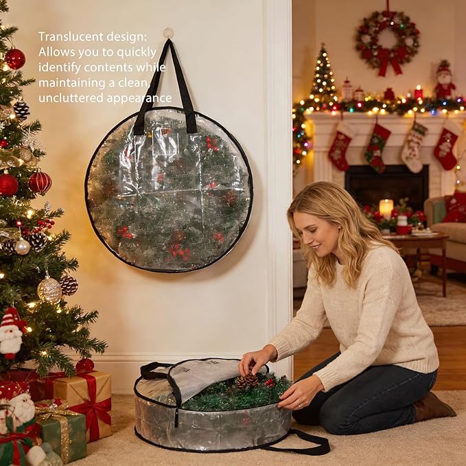 4 Pack Clear Christmas Wreath Storage Bags 24 Inch - Waterproof Oxford Wreath Container with Dual Zipper and Reinforced Handles for Artificial Wreath, Garland and Holiday Decor Organization