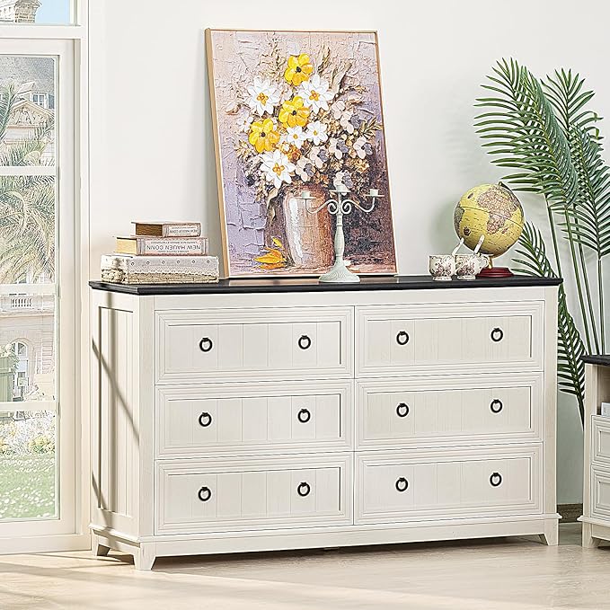 Bedroom Dresser and Nightstand Sets 4 Piece, Farmhouse 6 Drawers Dresser & 40.5" Tall Chest of Drawers, 18" Nightstands Set of 2, 54" Wide Furniture Dressers for Bedroom, Living Room, White
