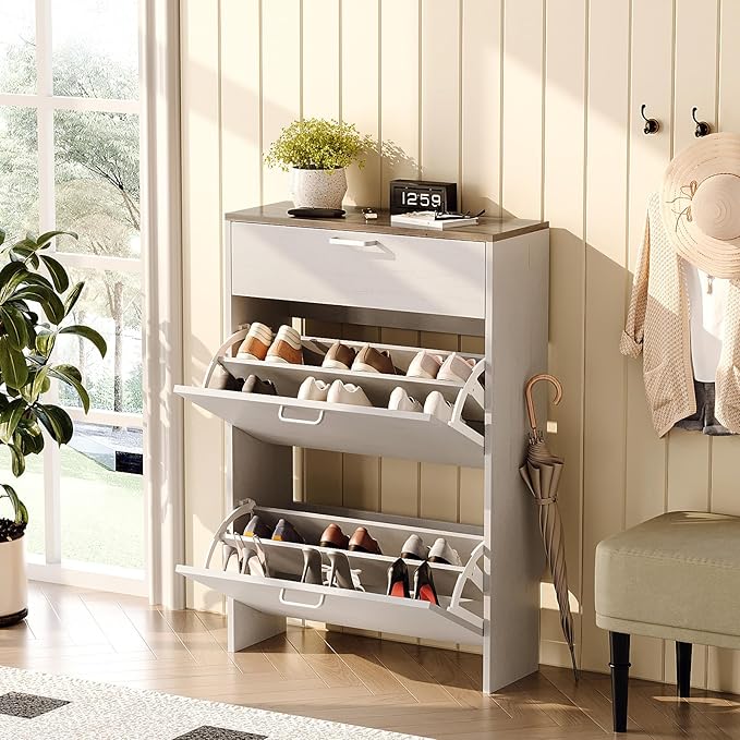VINGLI Shoe Cabinet Storage for Entryway Ultra Slim with 2 Flip &1Drop-Down Drawers, 24.8" W Narrow Shoe Cabinet for Front Door Entrance,Freestanding Rustic White Wood Shoes Organizer for Hallway