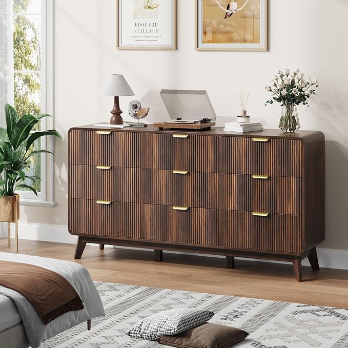 QUW Fluted 59.1" Wide Modern Dresser for Bedroom with 9 Drawers, Tall Chest of Drawers with Metal Handle, Wooden Dresser TV Stand, Hallway, Living Room, Dark Walnut