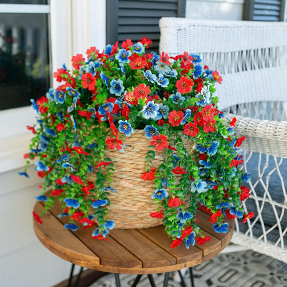 INSPRING Artificial Faux Hanging Flowers Plants for Spring Outdoor Outside Decoration, 2 PCS Fake Silk Daisy with Eucalyptus UV Resistant Realistic Trailing Vines for Balcony Patio Porch (BlueRed)