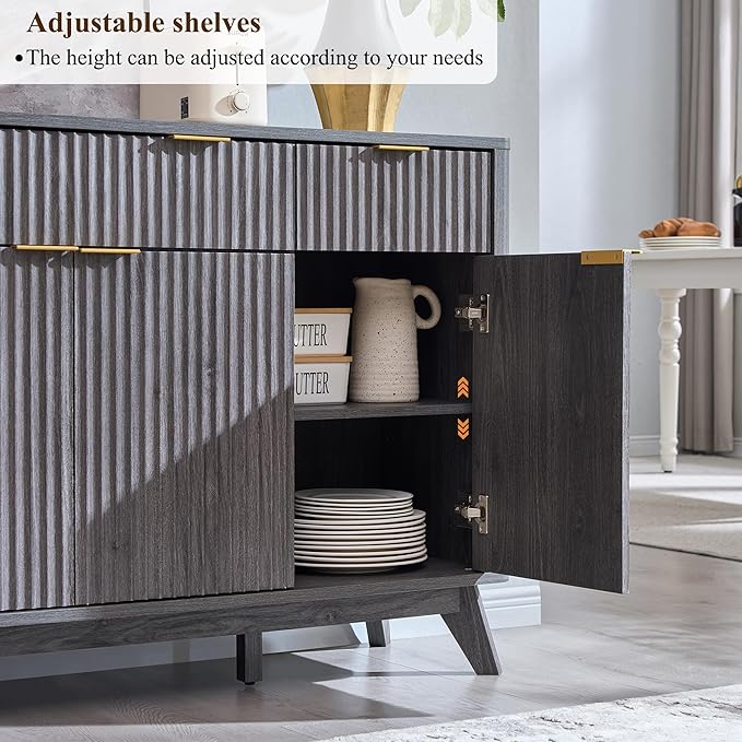 T4TREAM Large Buffet Sideboard Cabinet with Storages, 60" Fluted Modern Buffet Table Coffee Bar Wine Bar Storage Cabinet with 3 Drawers & 4 Doors for Dining Room, Living Room, Hallway(Dark Alder)