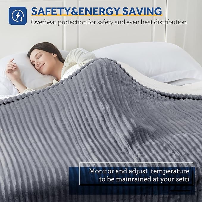 SEALY Electric Blanket Twin Size, Soft Ribbed Flannel to Sherpa Reversible Heated Blanket with 10 Heat Settings & 1 to 12 Hours Auto-Off Overheat Protection Machine Washable, 62"x84" Light Grey
