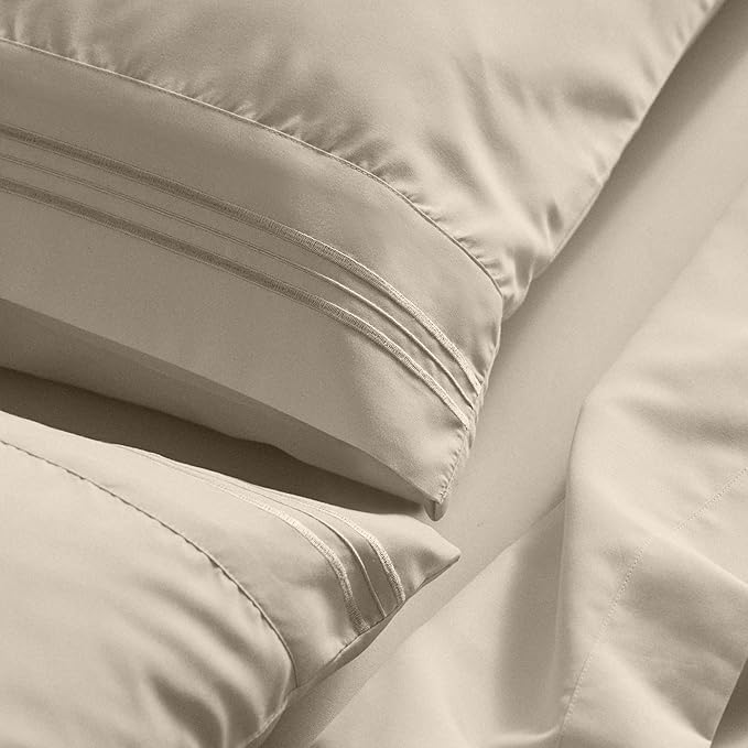 Mellanni Full Sheet Set - 6-Piece Iconic Collection Bedding, (Including 4 Pillowcases), 21-Inch Extra Deep Pocket, Easy Care, Ultra Soft, Cooling Sheets, Brushed Microfiber - Beige