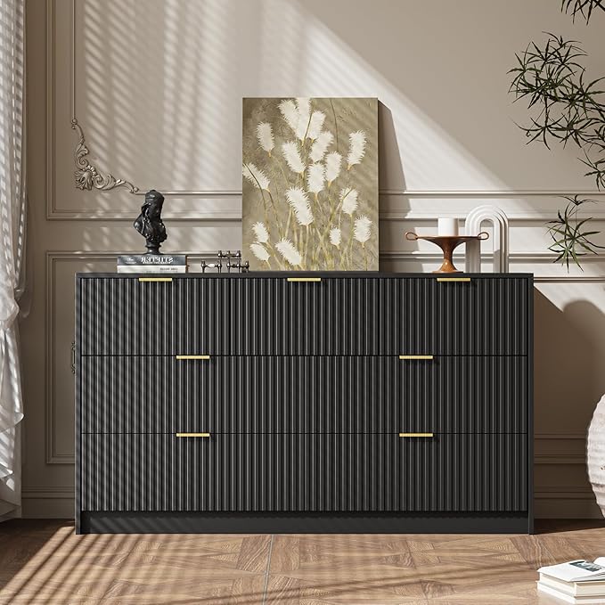 3-Piece Dresser Bedroom Set, 7 Drawer Dresser & 2 Drawer Nightstands with Gold Handles, Fluted Wood Chest of Drawers for Bedroom, Living Room, Entryway, Black