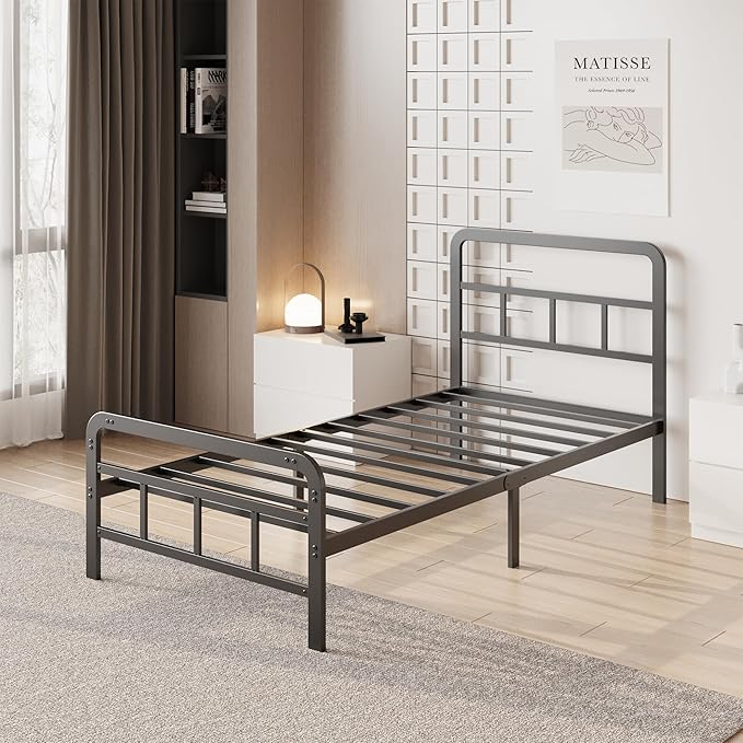 12 Inch Twin Bed Frames with Headboard and Footboard, No Box Spring Needed, Heavy Duty Metal Mattress Foundation, Noise Free, Easy Assembly, Black