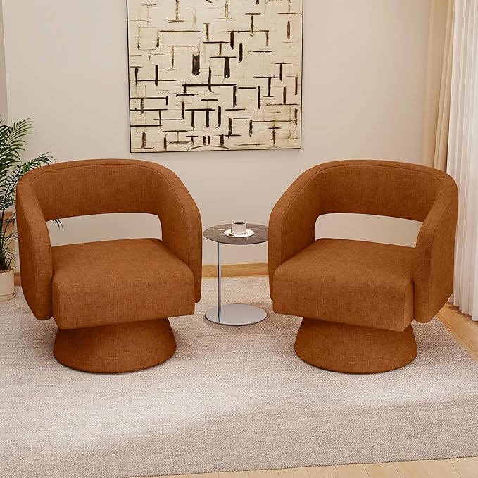 Swivel Accent Chair Set of 4, Modern Comfy Chenille Barrel Chairs, Oversized Upholstered Round Arm Chair for Living Room, Bedroom, Reading Room, Caramel