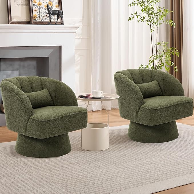 GarveeHome Modern Swivel Barrel Accent Chair, 360° Teddy Fabric Upholstered Armchair with Striped Backrest & Plush Padding, Comfy Round Lounge Chair for Living Room, Bedroom, Reading Nook, Green 2 PCS