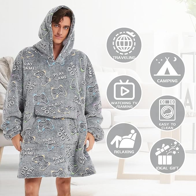 Glow in The Dark Game Controller Wearable Blanket Hoodie for Adult,Oversized Sherpa Fleece Blanket Hoodie for Women Men,Gamer