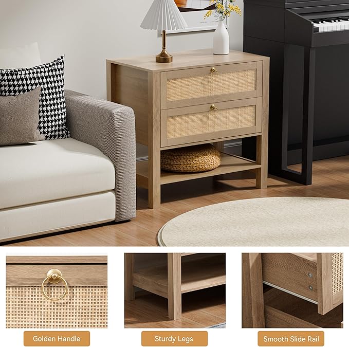 Rattan Nightstand with 2 Drawers and Storage Shelf, 26” Tall Wide Night Stand, Wood Large Bedside Table with Golden Handle for Bedroom, Side Table, Carbon Cherry