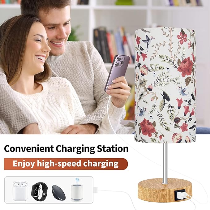 Bedside Touch Lamp, Wood Small Table lamp with 2 USB Charging Ports & Flower Fabric Shade, 3-Way Dimmable Nightstand Lamps for Living Room Bedroom Office Reading Desk Home Dorm(LED Bulb Included)
