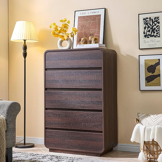 Walnut Dresser for Bedroom, Modern 5 Drawer Closet, Freestanding Dressers with Deep Drawers, Large Storage Organizer for Living Room, 29.5’’ W