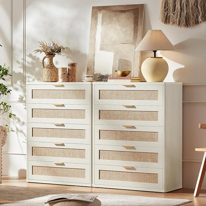 LEYAOYAO Rattan Dresser and Nightstand Set of 3, Boho Wood Dresser for Bedroom with 6 Drawers and Night Stand with Charging Station, Bedroom Furniture, Dressers & Chests of Drawers,Hallway,Living Room
