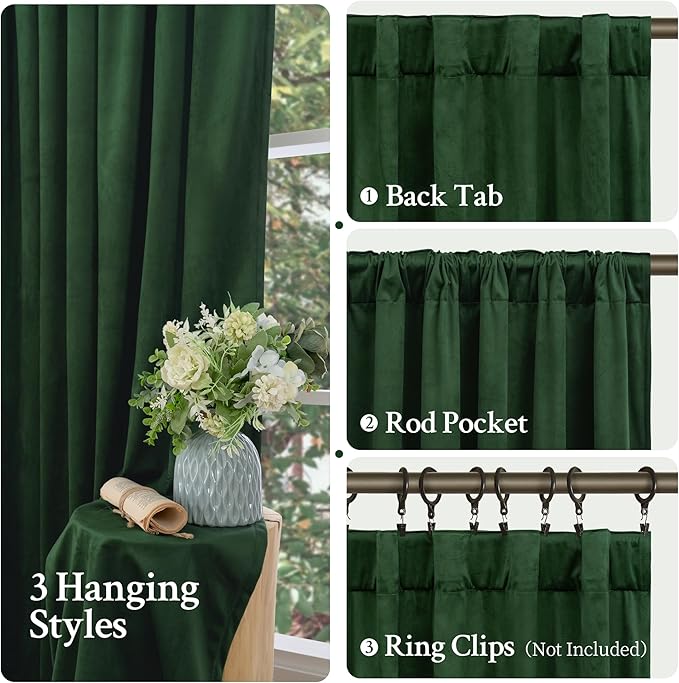 LAMIT Emerald Green Velvet Curtains 96 Inch for Living Room, Thermal Insulated Room Darkening Drapes Noise Reducing Back Tab and Rod Pocket Christmas Panels for Bedroom, Set of 2 Panels, 52 x 96 Inch
