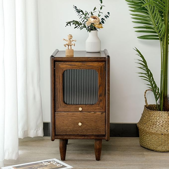 Mid Century Modern Narrow Nightstand with Drawers, Solid Wood Oak Bedside Table, Side Table, 11.81 W x 15.75 D x 21.26 H Inches, Walnut