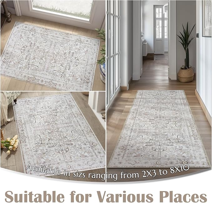 jinchan Lima 8x10 Area Rug for Living Room Washable Soft Rug Ultra-Thin Stain Resistant Non-Slip Distressed Vintage Floral Large Carpet for Bedroom Dining Room Home Office Nursery (8x10ft, Taupe)