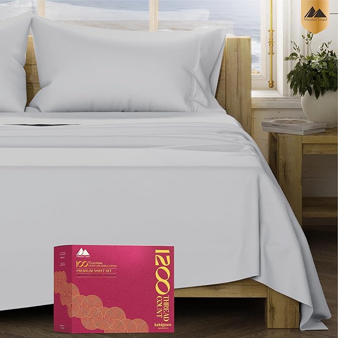 Mayfair Linen 100% Egyptian Cotton Queen Sheet set - Luxury 1200 High Thread Count Egyptian Cotton Sheets Queen Size (4 PC, Light Grey), Silky Soft, Cooling, 17" Deep Pocket Sateen Weave Hotel Bedding