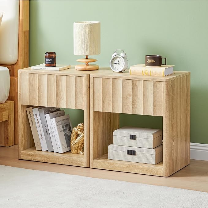 Fluted Dresser, Small Nightstands Set of 2, Natural Bedside Table with Drawer and Storage, Mid Century Modern Side Table for Bedroom Sofa