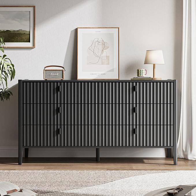 6 Drawer Dresser, Modern Chest of Drawers for Bedroom, Wood Fluted Dresser Organizer with Deep Drawers for Clothes, Nightstand for Bedroom, Hallway, Living Room, Entryway, Black