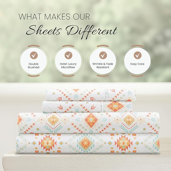 Linen Market Double-Brushed Patterned Microfiber Full Sheet Set 4 Piece – Oeko-TEX Certified Ultra Soft & Wrinkle-Free - 16" Deep Pocket Sheets - Easy Care Full Size - Aztec Dreams Coral