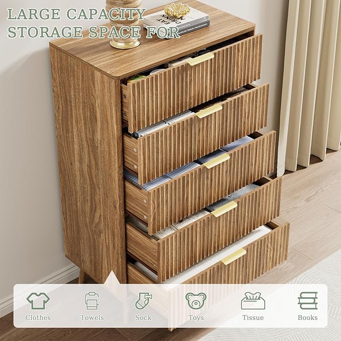 LYNSOM Fluted 5 Drawers Dresser, 45" Tall Modern Chest of Drawers with Curved Profile Design and Metal Handle, Wood Drawer Organizer for Bedroom, Living Room, Hallway, Entryway, Walnut