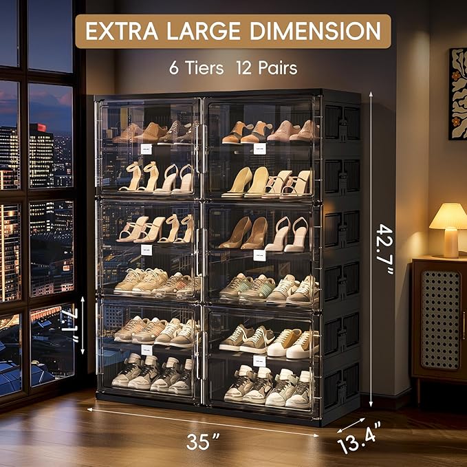 JEKO&JEKO 6-Tier Foldable Shoe Storage Cabinet with Magnetic Doors, Large Stackable Shoe Organizer Cabinet for Entryway, Clear Front Door Shoe Boxes Hold Up to 24 Pairs (Black)