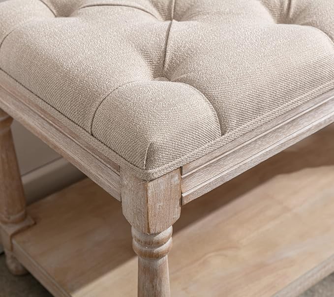 DUOMAY Farmhouse Tufted Storage Ottoman Bench with Shelf, 31.5" Width Linen Upholstered Entryway Shoe Ottoman Foot Stool for Bedroom Living Room Dining Room, Beige