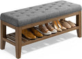 End of Bed Storage Bench, 42.9" Entryway Shoe Bench with Solid Wood Shelf, Upholstered Ottoman with Padded Seat for Bedroom, Hallway and Lining Room, Dark Gray